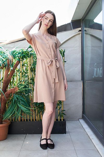 Jument Camel Color Linen Blended - Casual φόρεμα με ώμους και κορδόνια