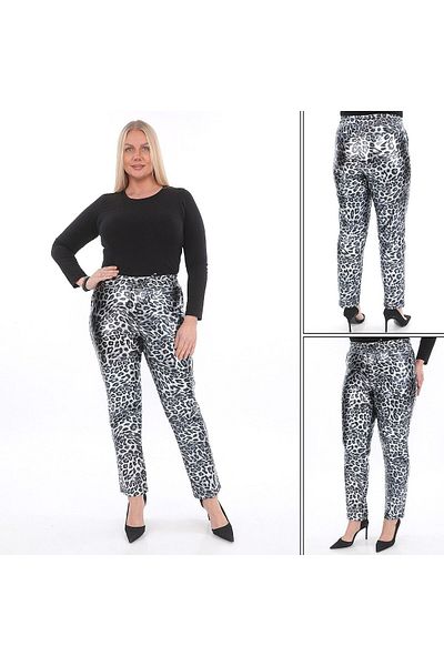 ŞIK STİL Stylish Leopard Print High Waist Large Size Leather Trousers