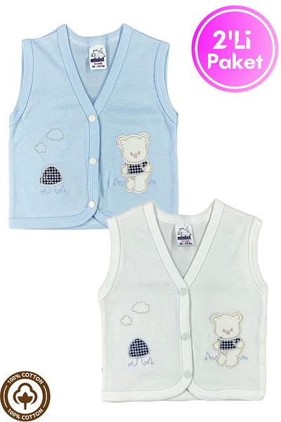 Miniel Baby Boy Mushroom Teddy Bear Embroidered Organic Cotton 3-6-9 Months 2-Piece Combed Cotton Baby Vest - Blue