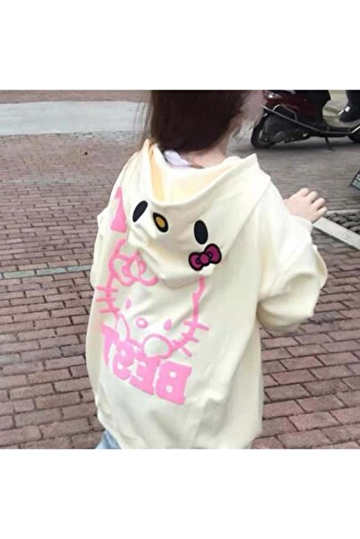 BALİNA Ekru Hello Kitty DKHT Best Fermuarlı (Unisex) Kapüşonlu Sweatshirt