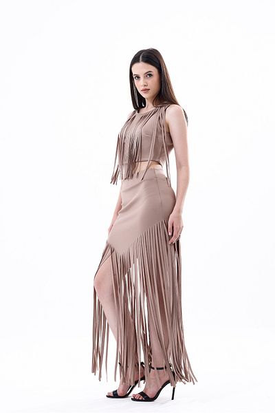 Sense Fusta rochie de seara cu ciucuri de scuba culoare piatra - Etk33855