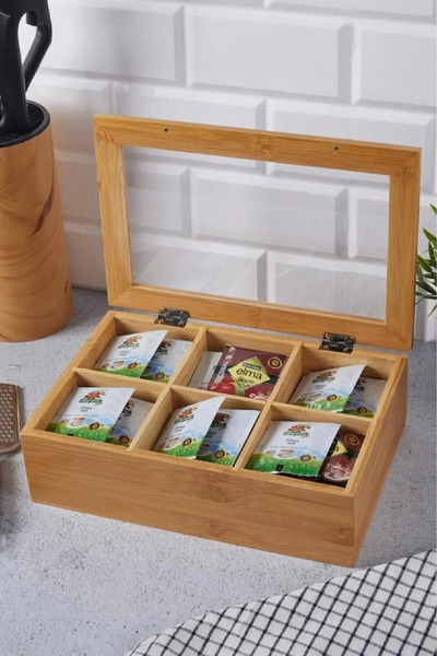 Genel Markalar Bambu 6 Bölmeli Çay Kutusu I Çay Kahve Bitki Çayı Saklama Kutusu 24x16x7cm