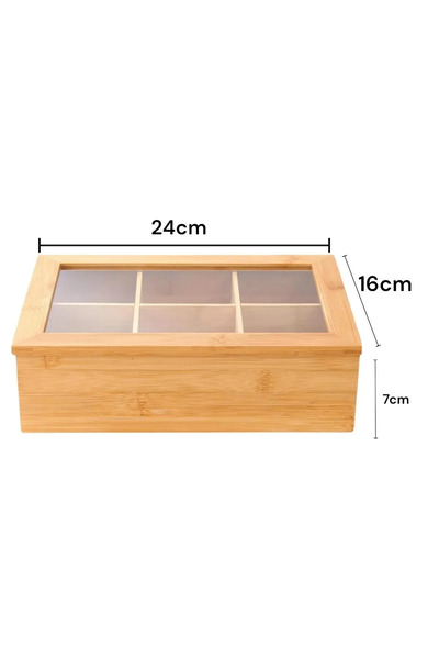 Genel Markalar Bambu 6 Bölmeli Çay Kutusu I Çay Kahve Bitki Çayı Saklama Kutusu 24x16x7cm