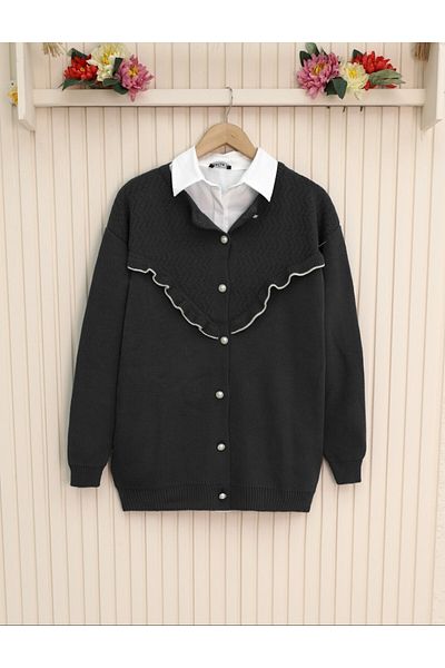Modamorfo Strickjacke mit Rüschen vorne und Perlenknöpfen – Schwarz