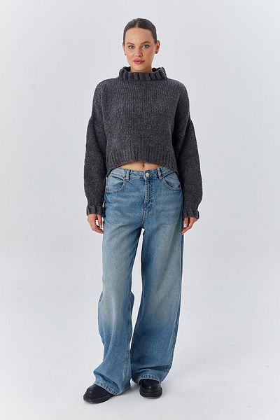 Mixray 6883 Model Anthracite Crop Knit Sweater - Ruffle Detailed