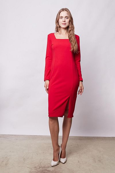 Jument Red Office Dress for Women - Lycra Crepe, Square Collar, Front Slit, Long Sleeve