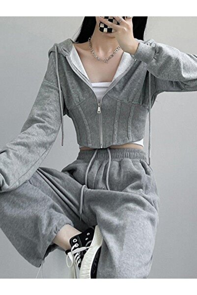 BALİNA Gri Korse Kesim Yeni Fermuarlı Crop Hırka