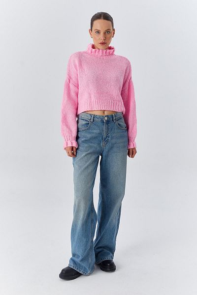 Mixray 6883 Model Pink Crop Knitwear Sweater - Ruffle Detail