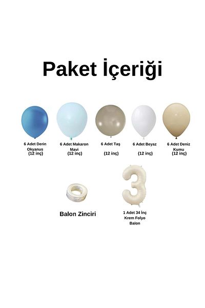 Organizasyon Pazarı Deep Ocean 3 34-Inch Creamfolyobalon 30-Piece Balloon Chain Set - Blue, Stone, White, Mermaid