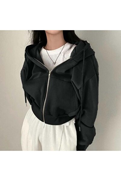 BALİNA Siyah Crop Top Kalın Kumaş Fermuarlı Kapüşonlu Sweatshirt