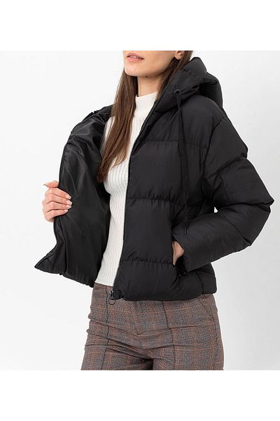 Birru Butik Women's Zippered Hood Corded Short Puffer Jacket