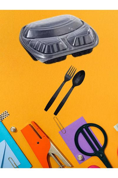 ELFUMER 3 Compartment Heat Resistant Food Container with Lid 25 Pieces + 5 soup bowl + 25 black fork spoon