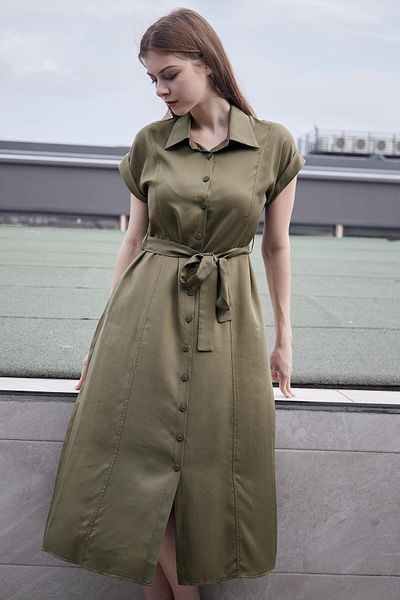 Jument 100% Iyocell Fabric - Μίντι φόρεμα με γιακά, off the shoulder, διπλά μανίκια και κορδόνια - Χακί