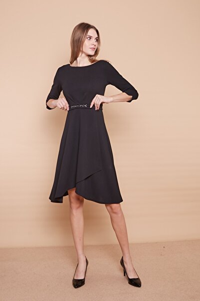 Jument Φόρεμα με λαιμόκοψη κρεπ με λαιμόκοψη σε σχήμα V στο πίσω μέρος, μακρυμάνικη φούστα με διπλό στήθος με κορδόνια - Μαύρο