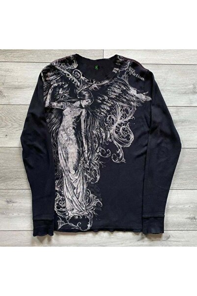 BALİNA Siyah Vintage Angel Affaction Cyber Grunge Uzun Kollu İnce Sweatshirt