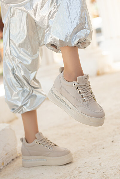 Ayakkabı Delisiyim Hidden Wedge Heel Thick Sole Stone Laced Beige Cream Women's Sneaker Sports Shoes Robin