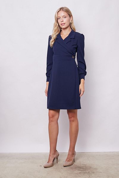 Jument Γυναικείο φόρεμα με διπλό στήθος Navy Blue - Ελαφρύ Lycra, γιακά μανίκια και μαζεμένα μανίκια