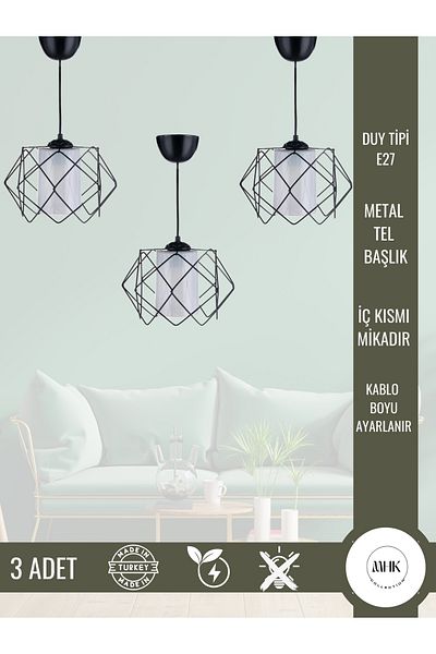 MHK Collection 3 Pieces Black Design White Mica Multi Square Living Room Kitchen Bathroom Bedroom Children's Room Entrance Chandelier