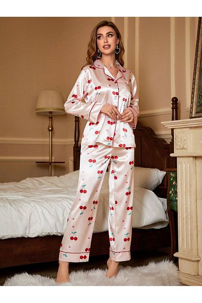 BELLA NOTTE Set pijamale lungi cu imprimeu cireșe din satin