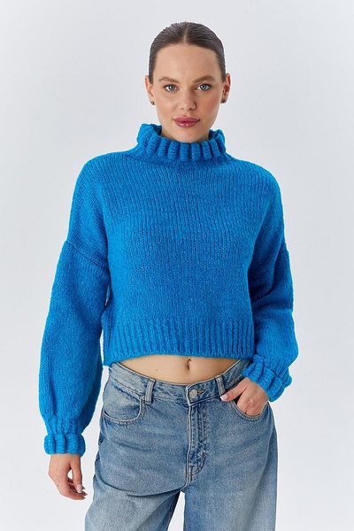 Mixray 6883 Pulover Crop Tricotat Model Albastru - Detaliu Volane