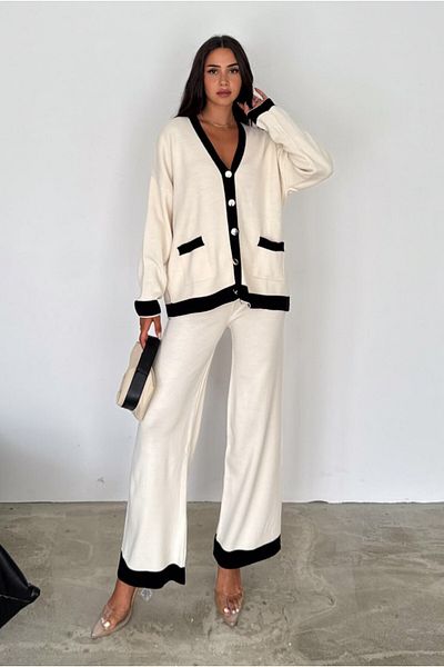 VOOLSTYLE Women's Off-Shoulder V-Neck Pocket Cardigan Wide-Leg Trousers Knitwear Set