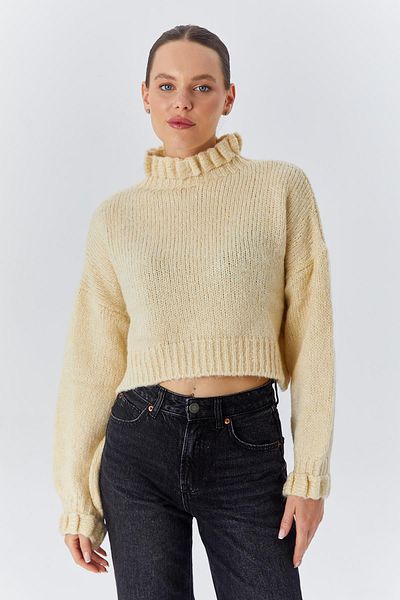 Mixray Πλεκτό πουλόβερ Beige Crop - Μοντέλο 6883, Λεπτομέρεια βολάν
