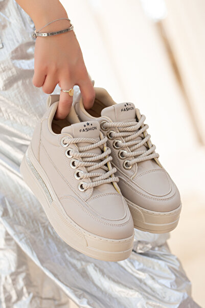 Ayakkabı Delisiyim Hidden Wedge Heel Thick Sole Stone Laced Beige Cream Women's Sneaker Sports Shoes Robin
