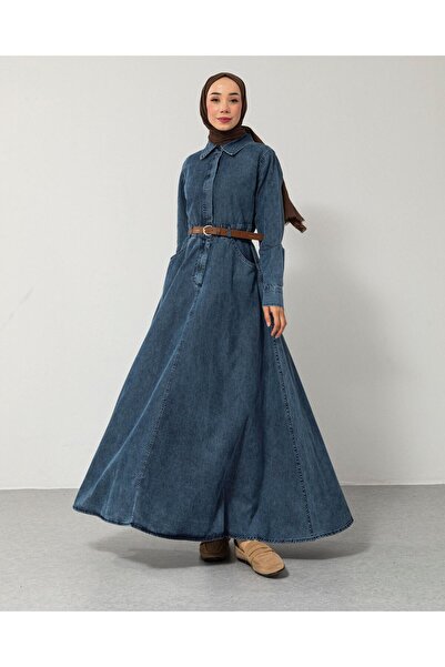 Meri Store Yarım Düğmeli Kemerli Mavi Denim Elbise