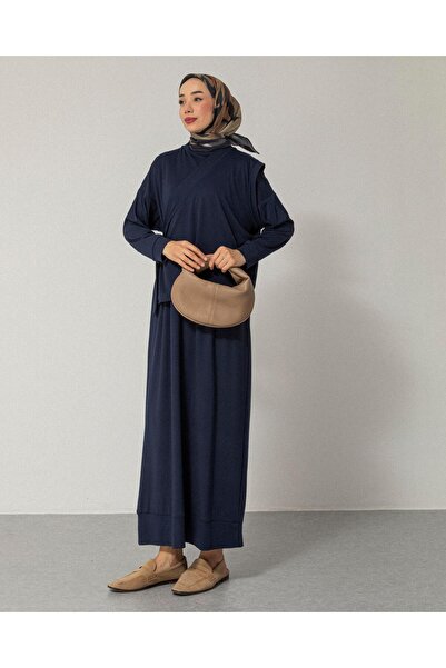 Meri Store Yandan Bağcıklı Lacivert Pelerinli Penye Elbise