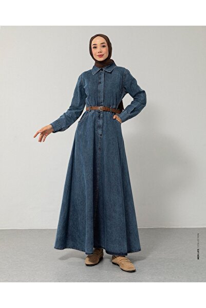 Meri Store Yarım Düğmeli Kemerli Mavi Denim Elbise