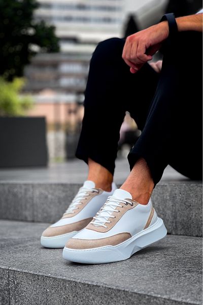 BOA Ba0354 Casual Lace-Up Men's Cream Pieced White High Sole Sneakers