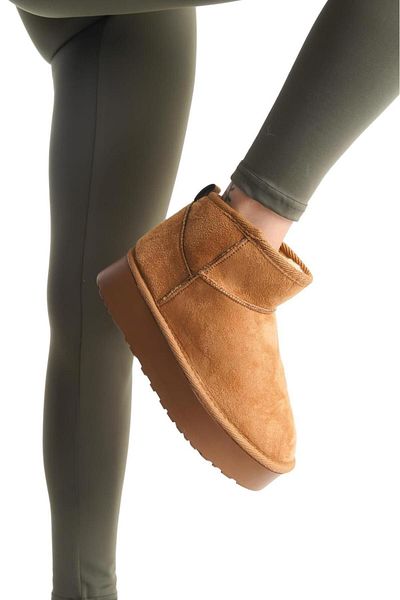 NILOO Γυναικεία μποτάκια Nilo Design Tan Suede Flat Fur Ankle Boots