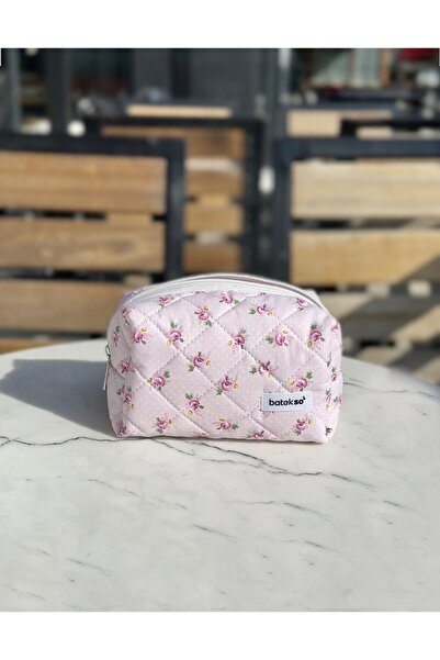 Batekso Powder Pink Rose Patterned Makeup Bag - Medium Size