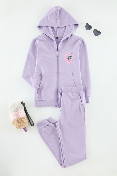 TRENDYOLKIDS Lila bedrucktes Strick-Unterteil-Oberteil-Set für Mädchen TKDAW25AU00040