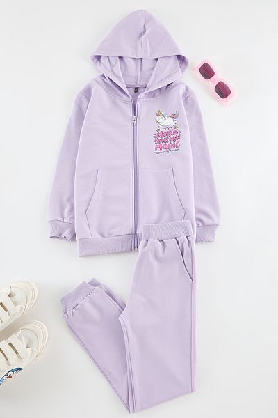 TRENDYOLKIDS Lilac Girls Printed Knitted Bottom-Top Suit Tkdaw25Au00040