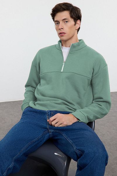 Trendyol Collection Mint Fleece/teplá základní mikina na zip – oversize/široký střih se stojáčkem Tmnaw25Sw00031