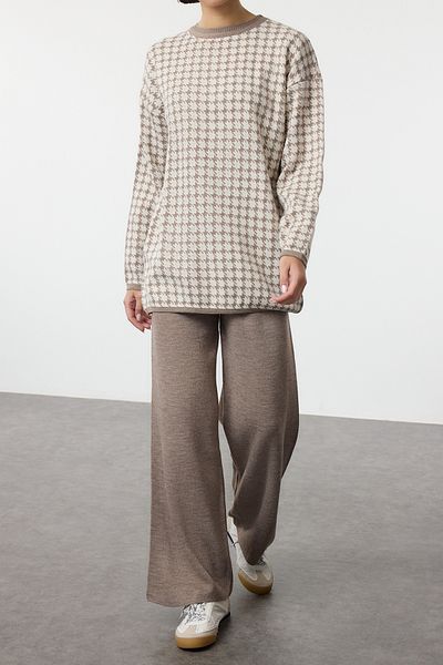 Edit by Trendyol Mink Knitwear Sweater and Trousers Set - Houndstooth Patterned, Tedaw25Us00029