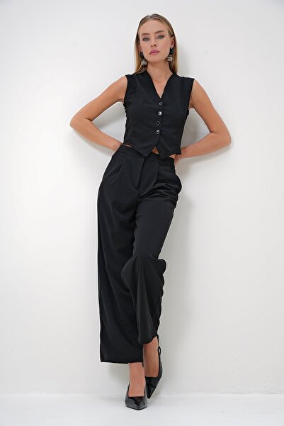 Trend Alaçatı Stili Női fekete V-nyakú elöl gombos mellény és dupla zsebes Palazzo nadrág szett ALC-X12874