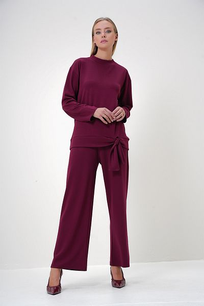Trend Alaçatı Stili Women's Claret Red Crew Neck Tie Detailed Modal Fabric Long Blouse and Trousers Set Alc-X12880