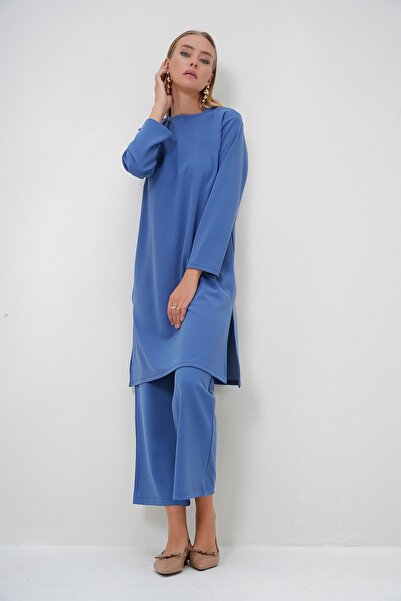 Trend Alaçatı Stili Women's Indigo Crew Neck Long Tunic and Trouser Set with ...