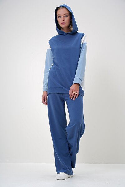 Trend Alaçatı Stili Damen-Set mit Kapuze in Indigo, Farbblockierung, zwei Fäden, unten und oben, ALC-X12889