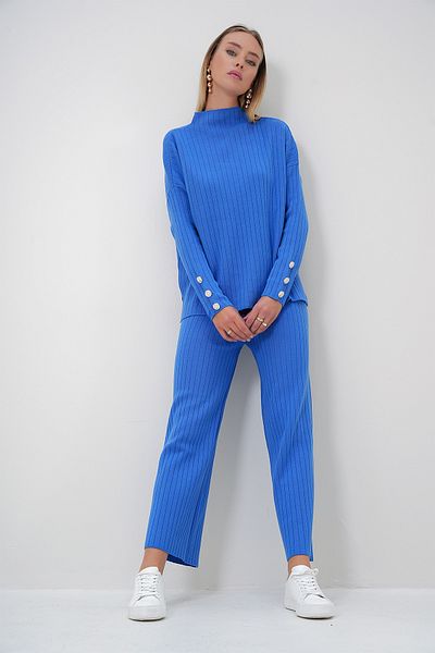 Trend Alaçatı Stili Women's Saks Stand Collar Low Sleeve Knitwear Pants and Blouse Set Alc-X12832