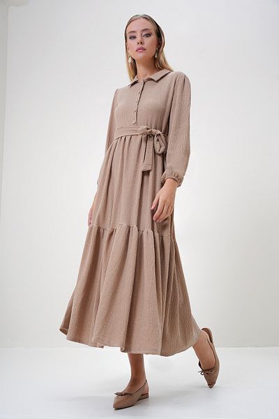 Trend Alaçatı Stili Women's Biscuit Shirt Collar Buttoned Skirt Flounced Belt Long Dress Alc-X12819