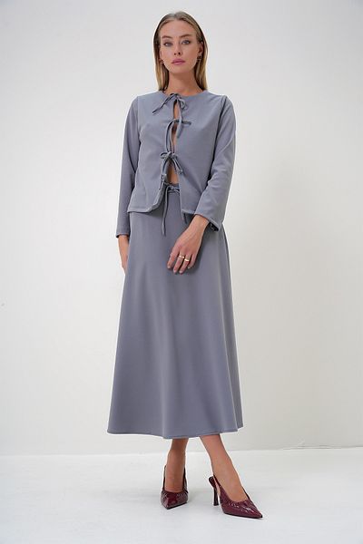Trend Alaçatı Stili Gray Crepe Knitted Jacket and Maxi Skirt Set - Crew Neck and Front Tie Detail Alc-X12872