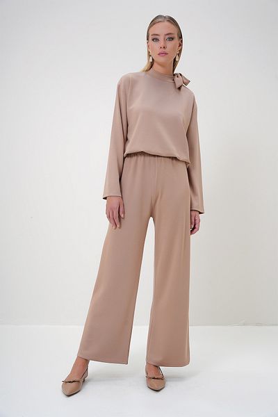 Trend Alaçatı Stili Stone Colored Modal Tunic and Trousers Set with Crew Neck and Halter Detail - Alc-X12881