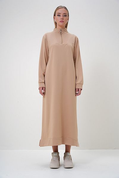 Trend Alaçatı Stili فستان نسائي بيج بياقة واقفة وسحاب أمامي وحاشية وخيوط وطول طويل ALC-X12892