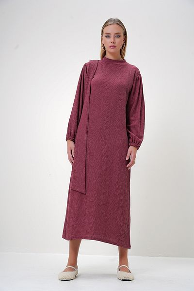 Trend Alaçatı Stili Γυναικείο φόρεμα Dusty Rose Maxi-Length - Crew λαιμόκοψη, μανίκι με φούσκα και αυτο-υφή ALC-X12910
