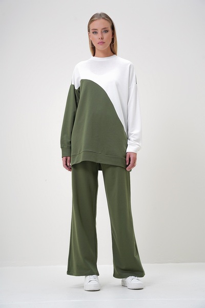 Trend Alaçatı Stili Kadın Haki Bisiklet Yaka Renk Bloklu İki İplik Alt-Üst Takım ALC-X12888