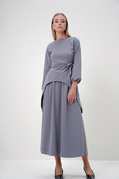 Trend Alaçatı Stili Women's Gray Crew Neck Asymmetrical Cut Tunic and Skirt Set Alc-X12870