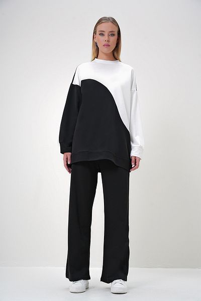 Trend Alaçatı Stili Women's Black Crew Neck Color Block Two Thread Bottom-Top Suit Alc-X12888